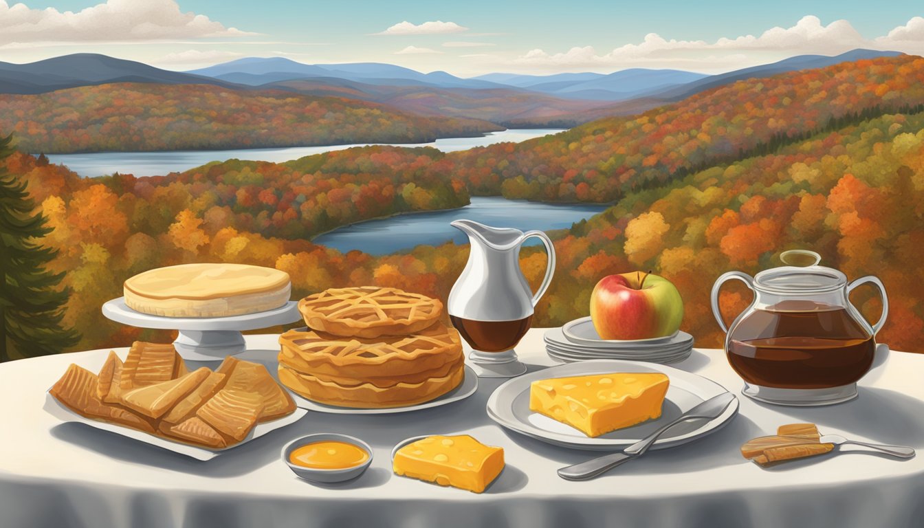 A table filled with iconic Vermont foods like maple syrup, cheddar cheese, and apple pie. A mountainous landscape in the background