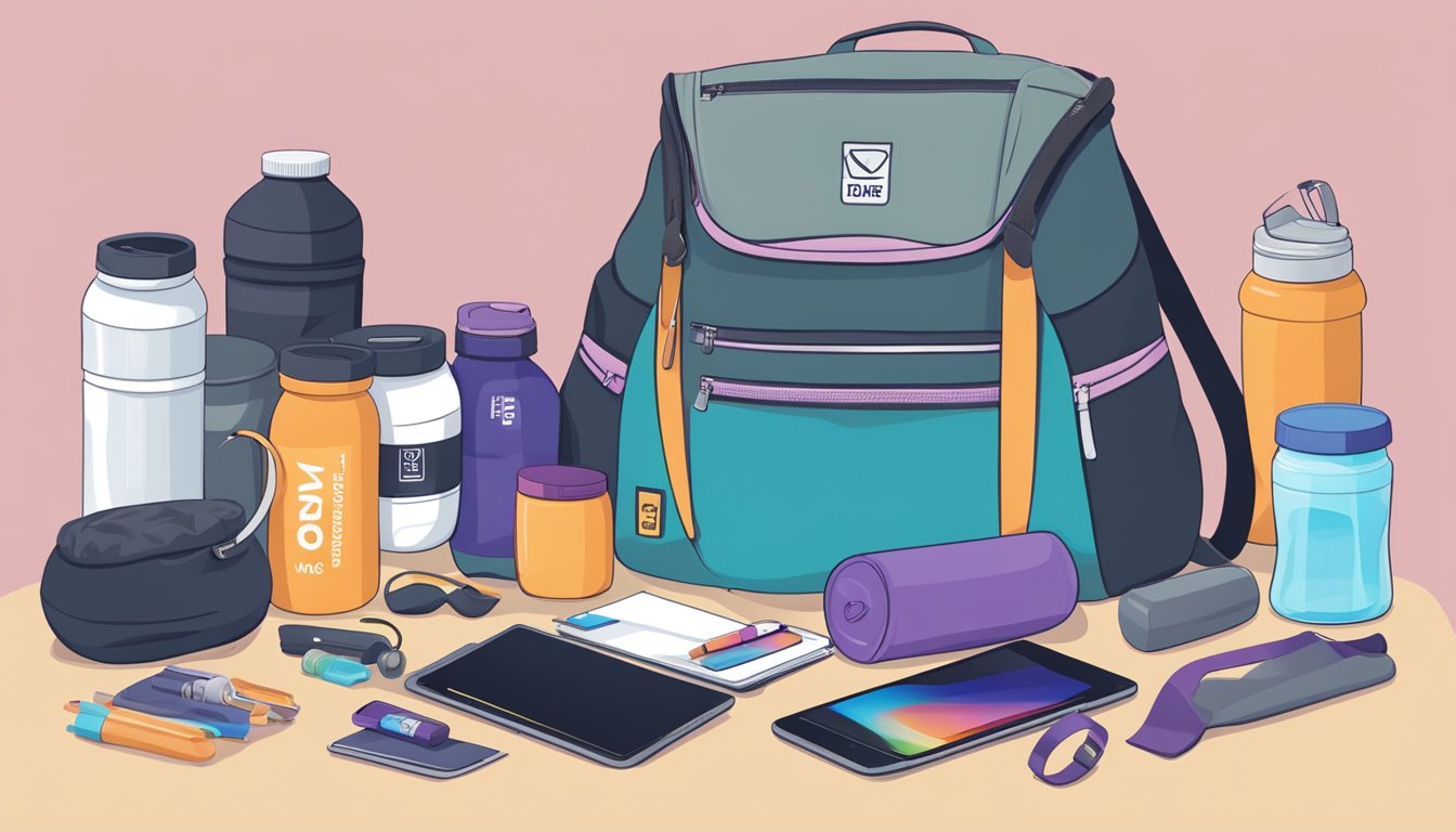 A gym bag overflowing with C4 pre-workout containers, surrounded by various lifestyle items such as a laptop, a yoga mat, and a water bottle