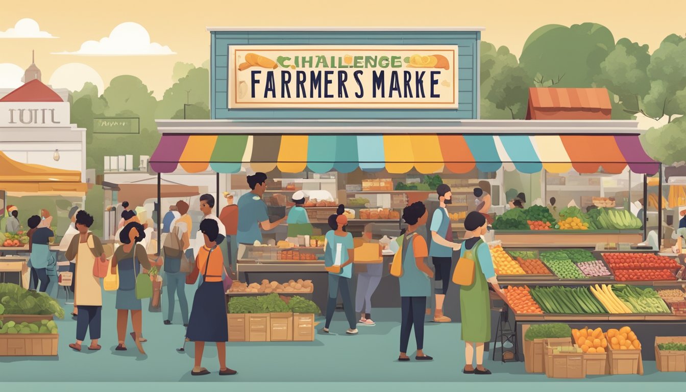 A bustling farmer's market with diverse food vendors and excited customers. A local restaurant displays a sign promoting a food challenge