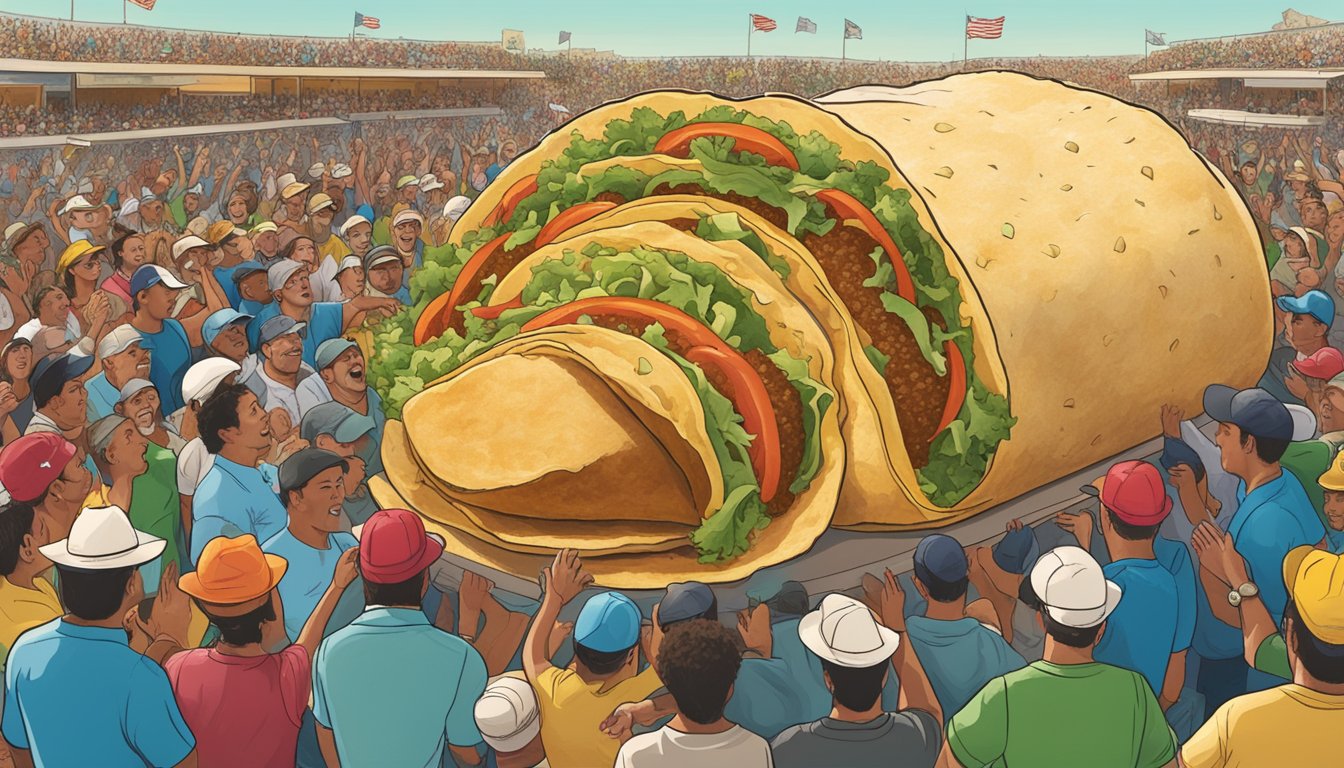 A giant taco surrounded by cheering spectators at the Don Juan El Taco Grande Challenge