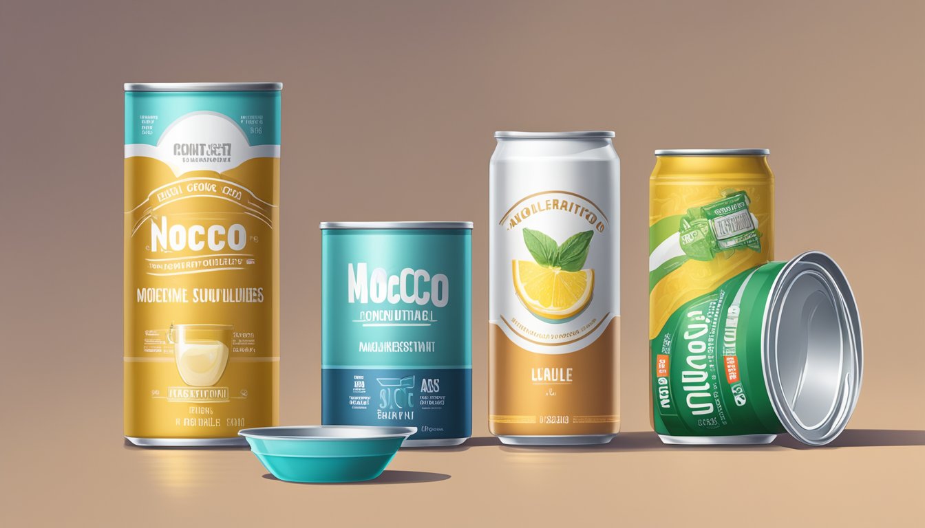 A table with multiple Nocco cans, some empty, others half-full, and a measuring cup filled with liquid, indicating moderation and consumption guidelines