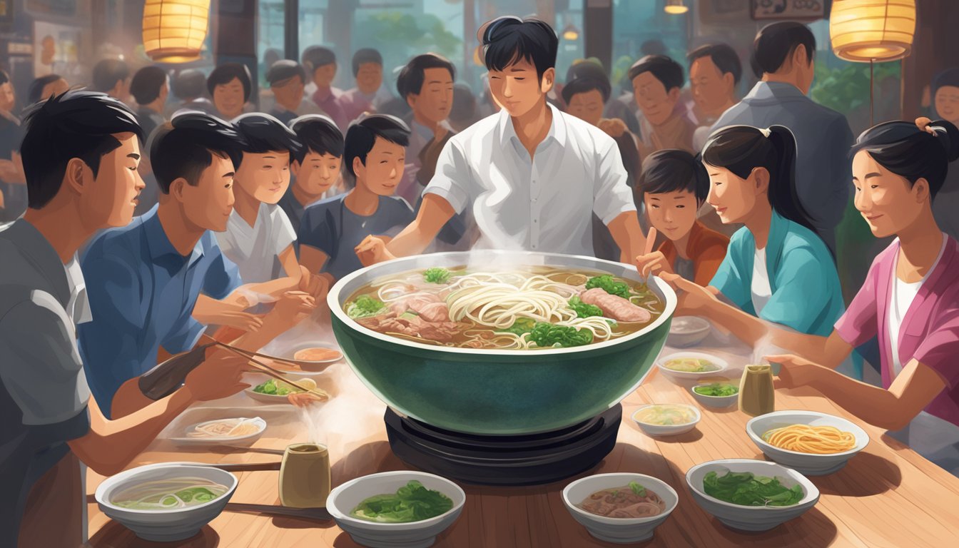 A towering bowl of steaming pho, filled with noodles, broth, and various meats, sits on a table surrounded by curious onlookers