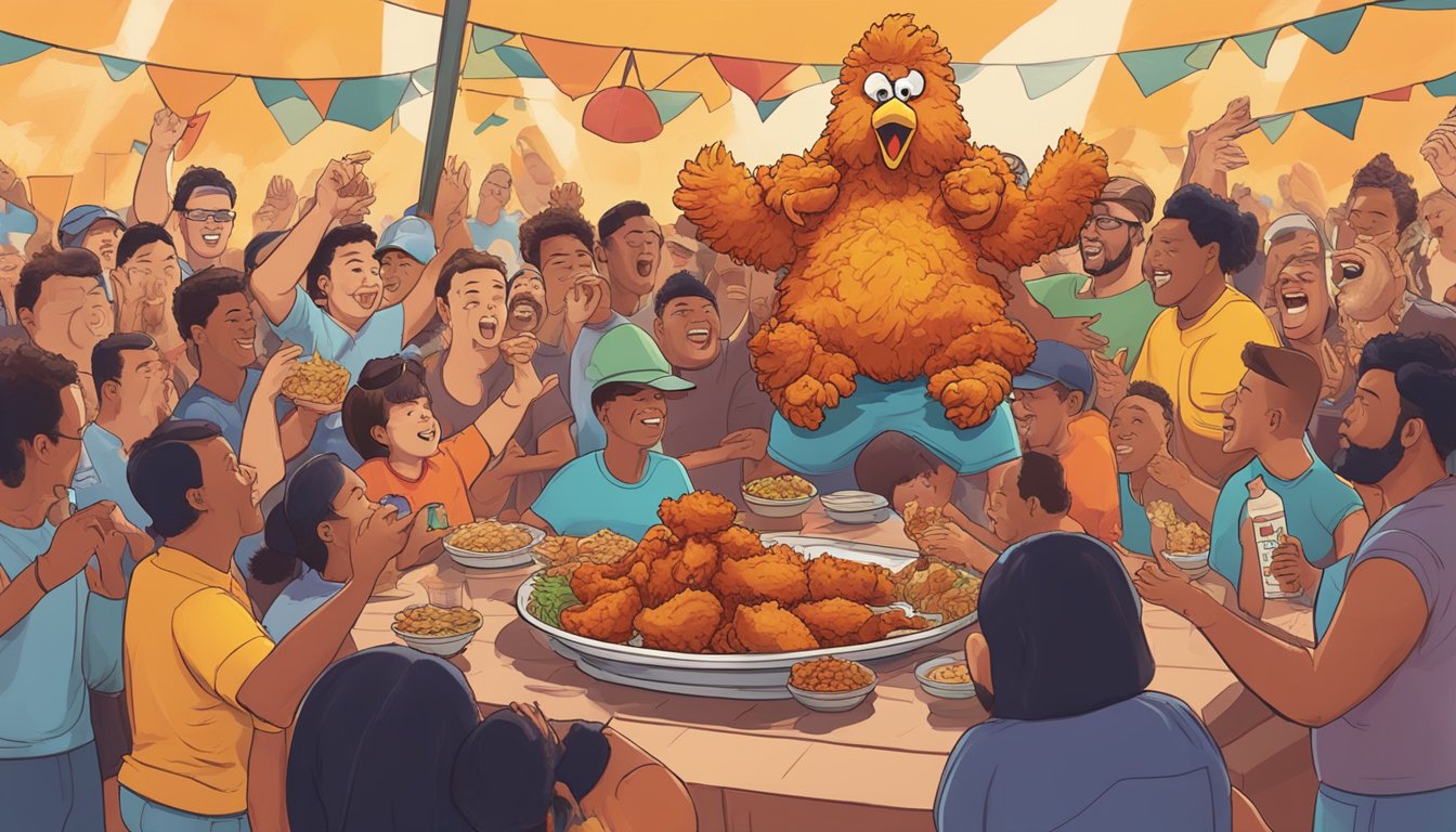 A towering plate of spicy fried chicken, piled high with hot sauce, surrounded by cheering onlookers at Hattie B's Big Kahuna Challenge