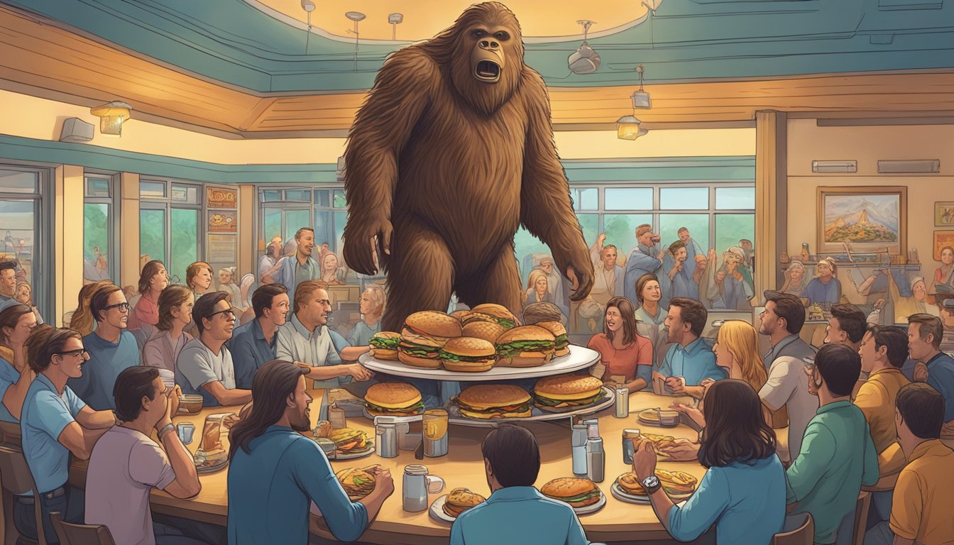 A giant Sasquatch burger towers over a crowded restaurant, surrounded by cheering onlookers and a stopwatch on the table