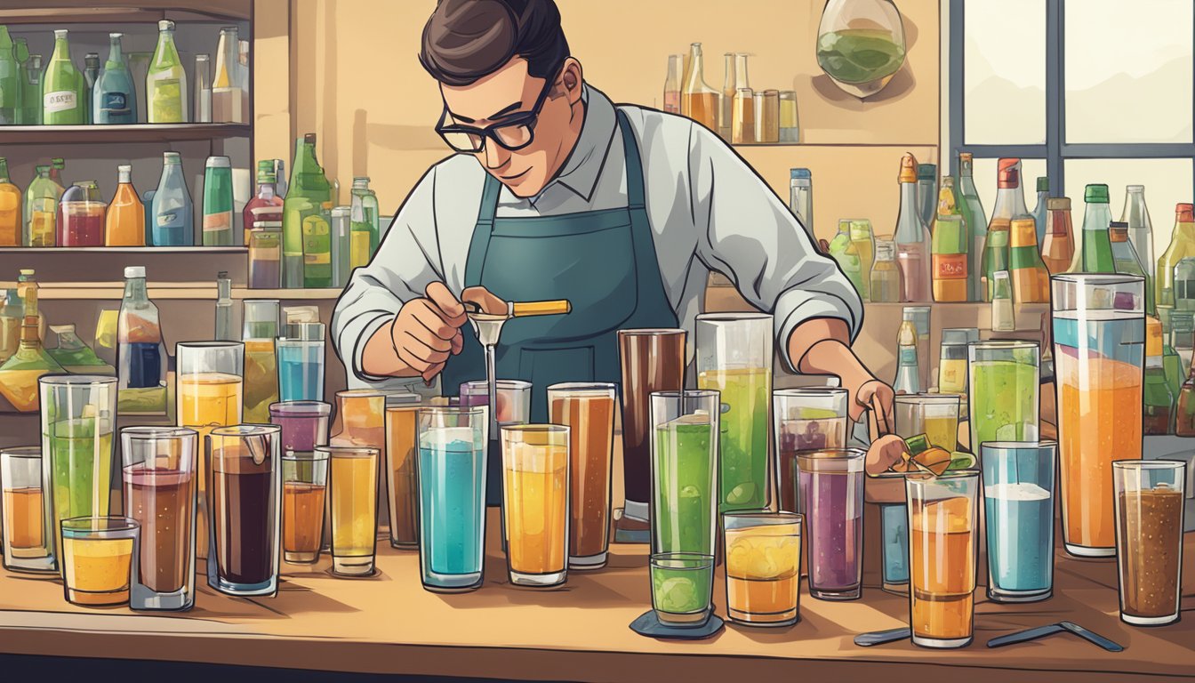 A table with multiple glasses filled with various beverages, including Nocco, with a scientist measuring the servings