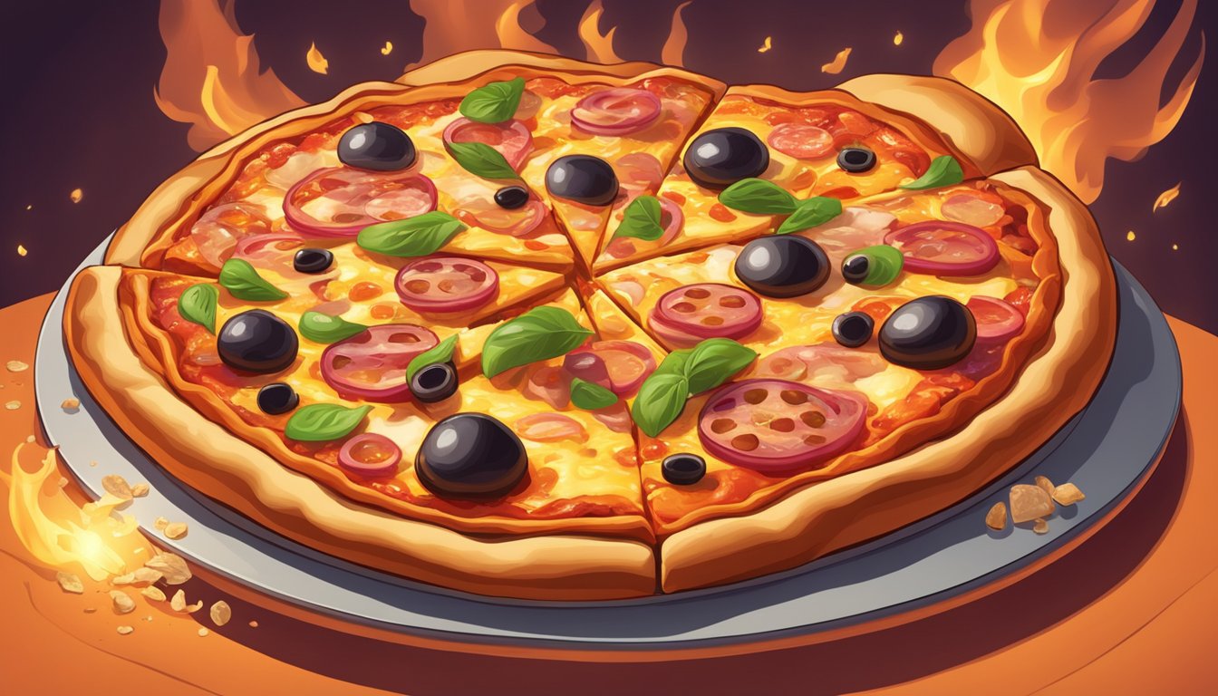 A massive pizza with towering inferno toppings sizzling under a fiery spotlight