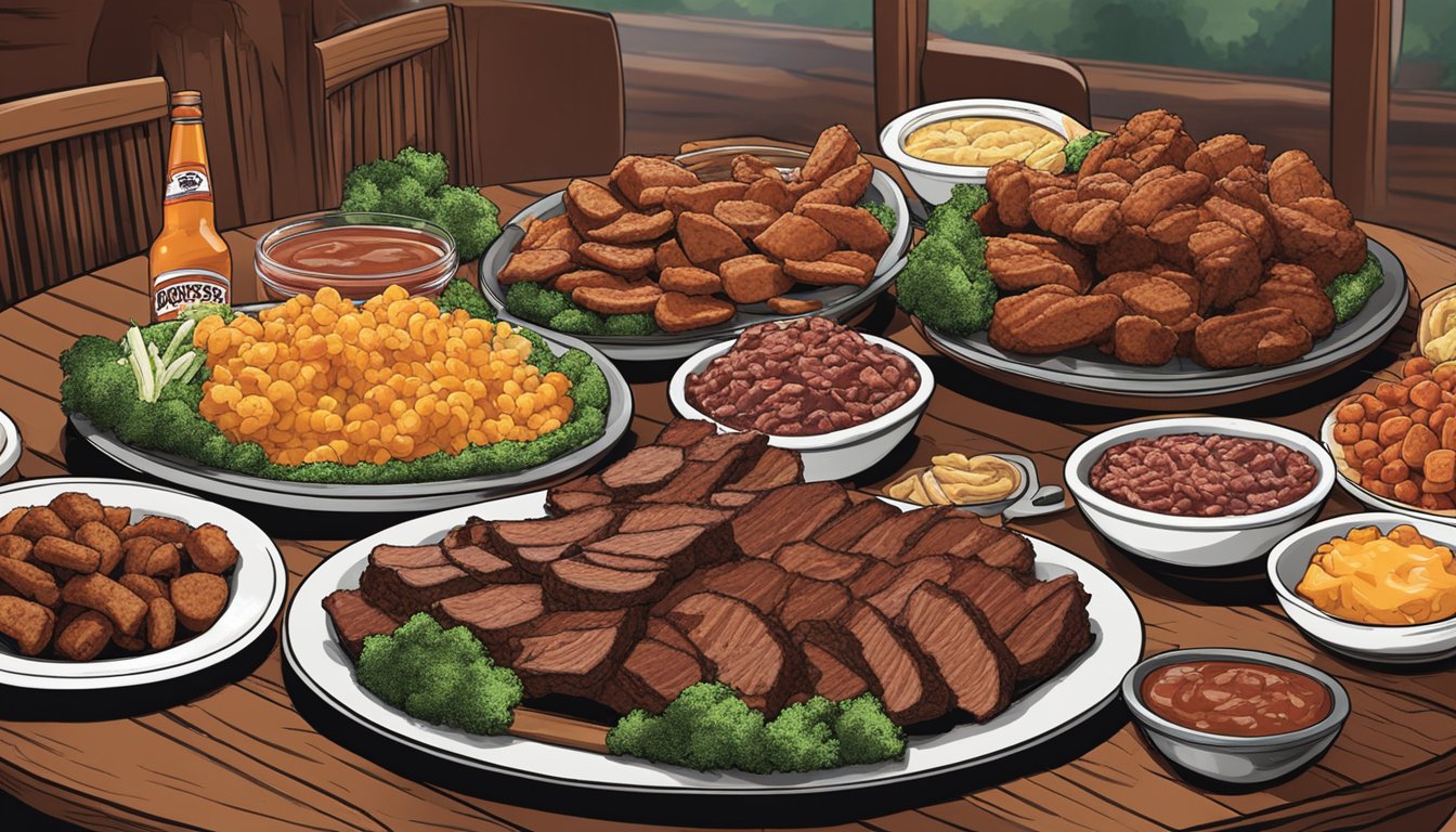 A massive platter of BBQ meats and sides on a wooden table at Roosters Texas BBQ & Steakhouse, with the Rocky Top Challenge sign in the background