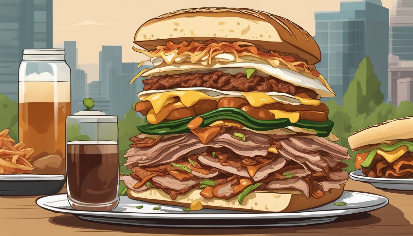 A massive sandwich towered on a plate, overflowing with layers of pulled pork, brisket, and sausage, topped with jalapenos and barbecue sauce