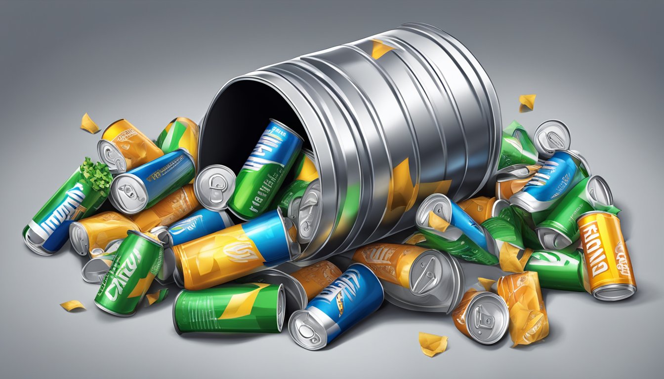 An overflowing trash can filled with empty Amp energy drink cans, scattered on the floor