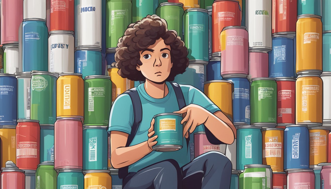 A person surrounded by empty Nocco cans, with a concerned expression, holding a can and looking at the label