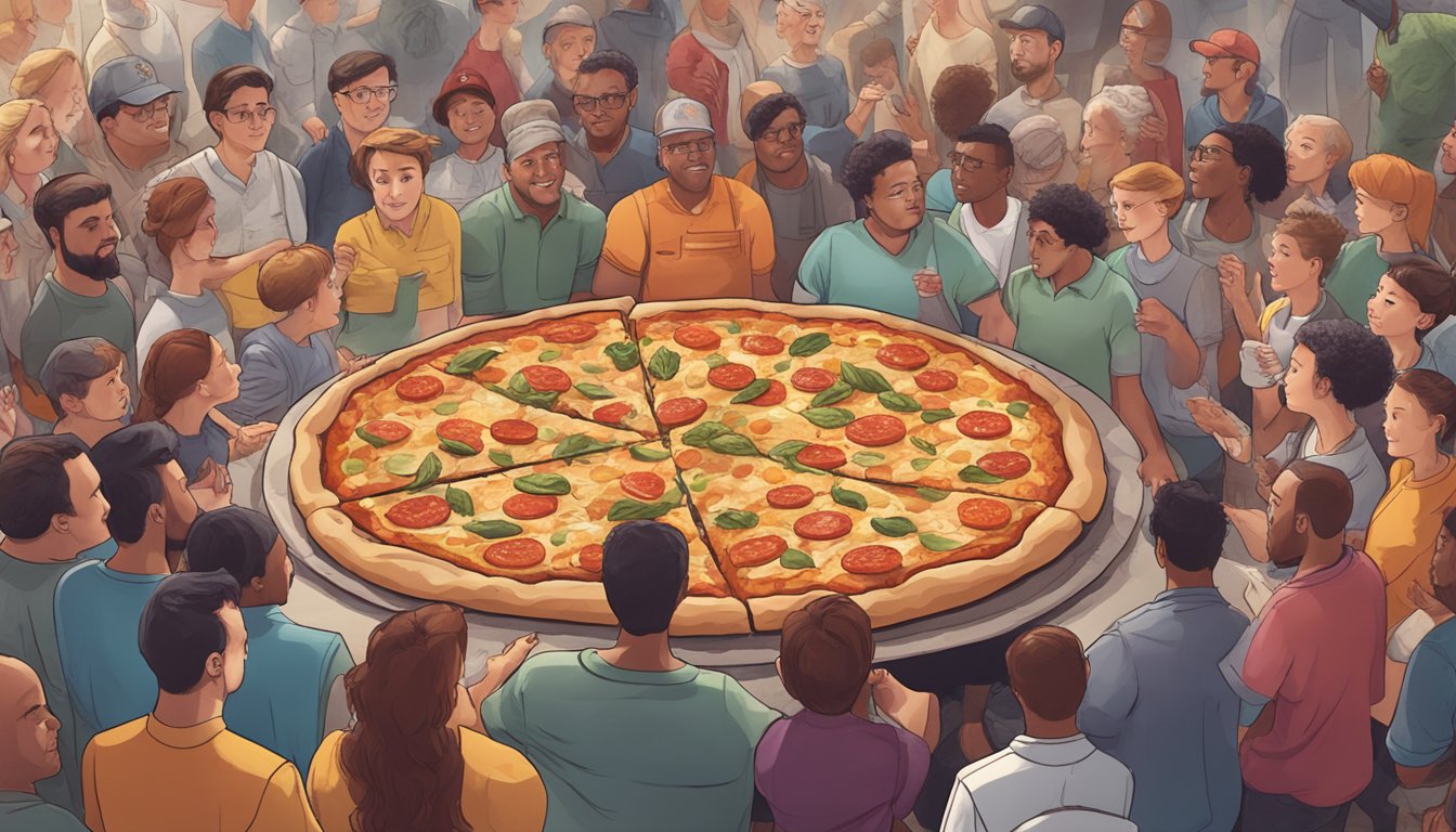 A large pizza topped with an assortment of ingredients, sitting on a stone slab, surrounded by a crowd of onlookers at PizzaRev in Tennessee