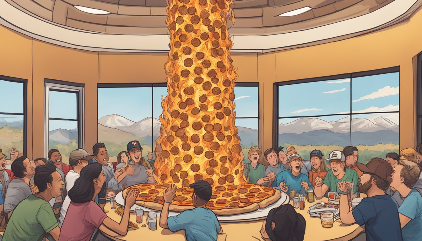 A towering Inferno Pizza Challenge sits on a table at Jack's Utah Food Challenges, surrounded by cheering spectators