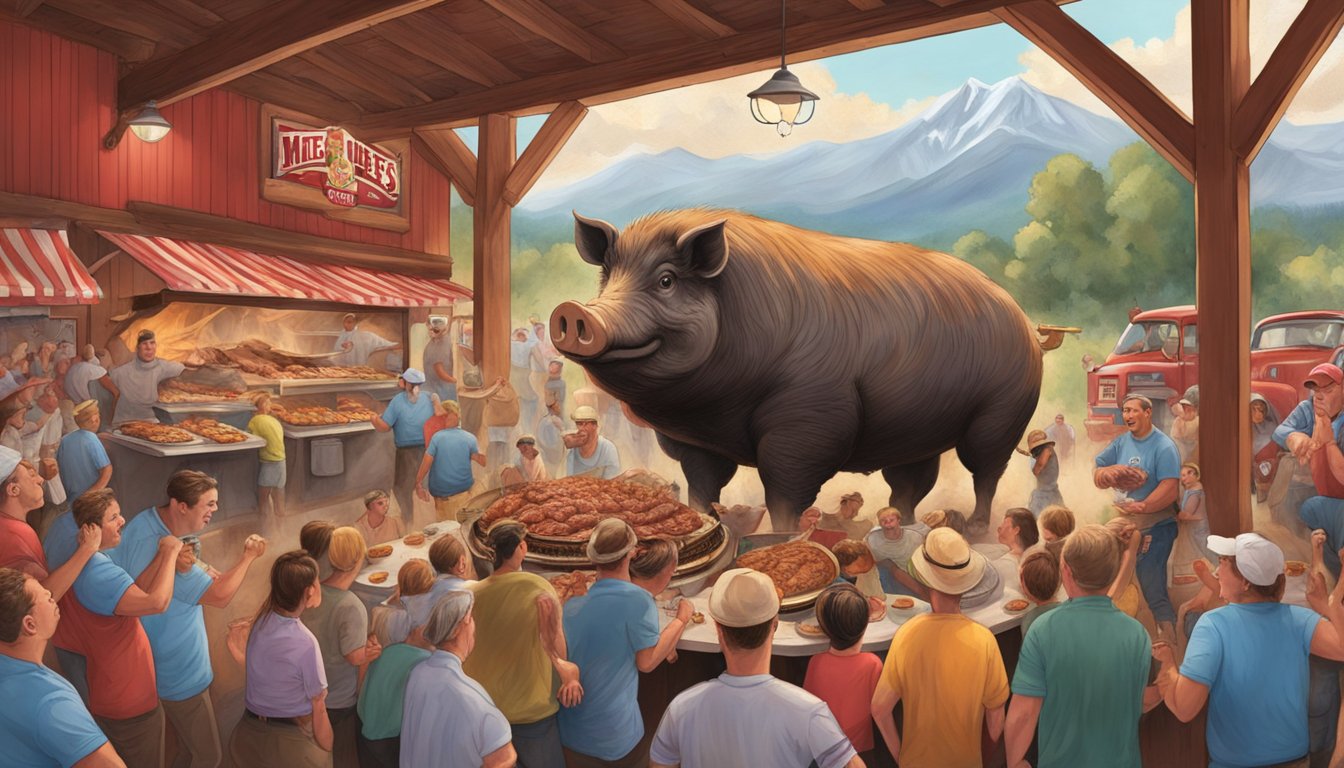 A giant hog bursting through the doors of Big Mike's Little Red Barn BBQ, surrounded by cheering onlookers and a mountain of BBQ food