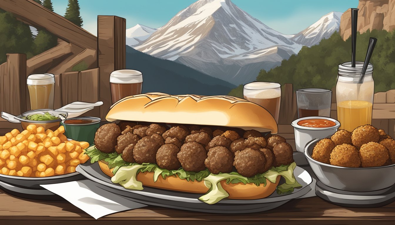 A sizzling cheesesteak sandwich surrounded by a mountain of savory meatballs, served in a rustic Utah eatery