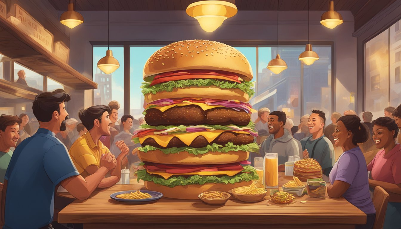 A towering stack of burgers, overflowing with toppings, sits on a wooden table in a lively restaurant. Surrounding patrons cheer on a brave challenger as they attempt to conquer the enormous meal