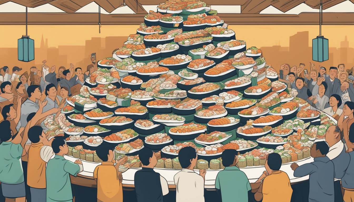 A towering mountain of sushi rolls stacked on a large platter, surrounded by cheering spectators at Sushi Ya Utah