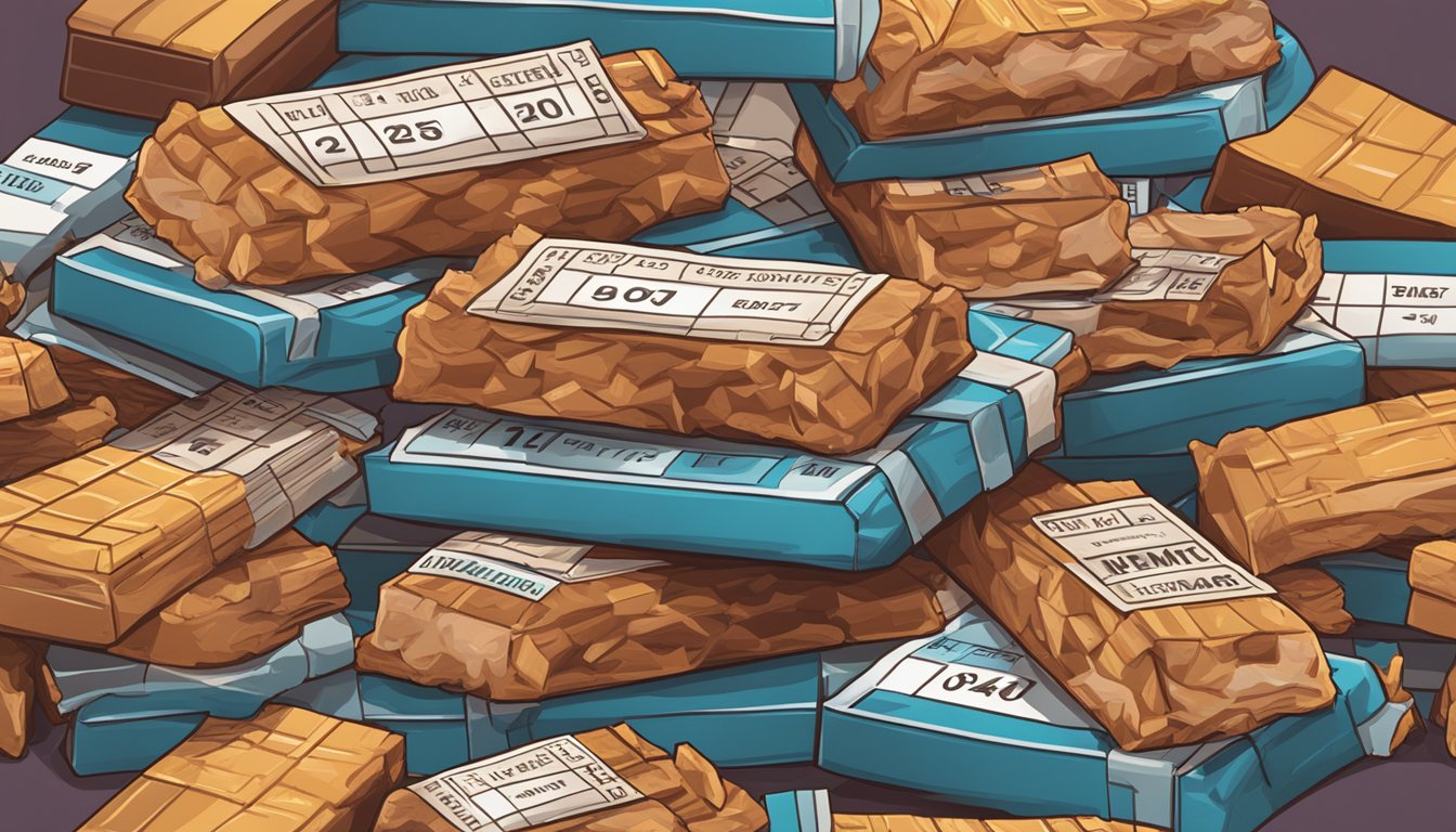 A pile of epic meat bars stacked high, with a calendar showing multiple bars consumed in a single day