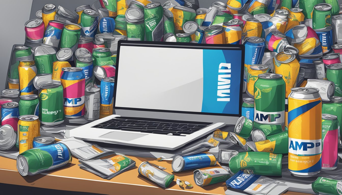 A cluttered desk with multiple empty and half-empty cans of Amp energy drink strewn about