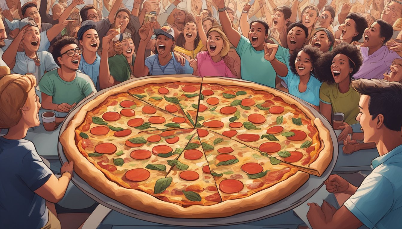 A massive pizza sits on a table, surrounded by cheering onlookers. The challenge is set to begin at Pie In The Sky in Tennessee