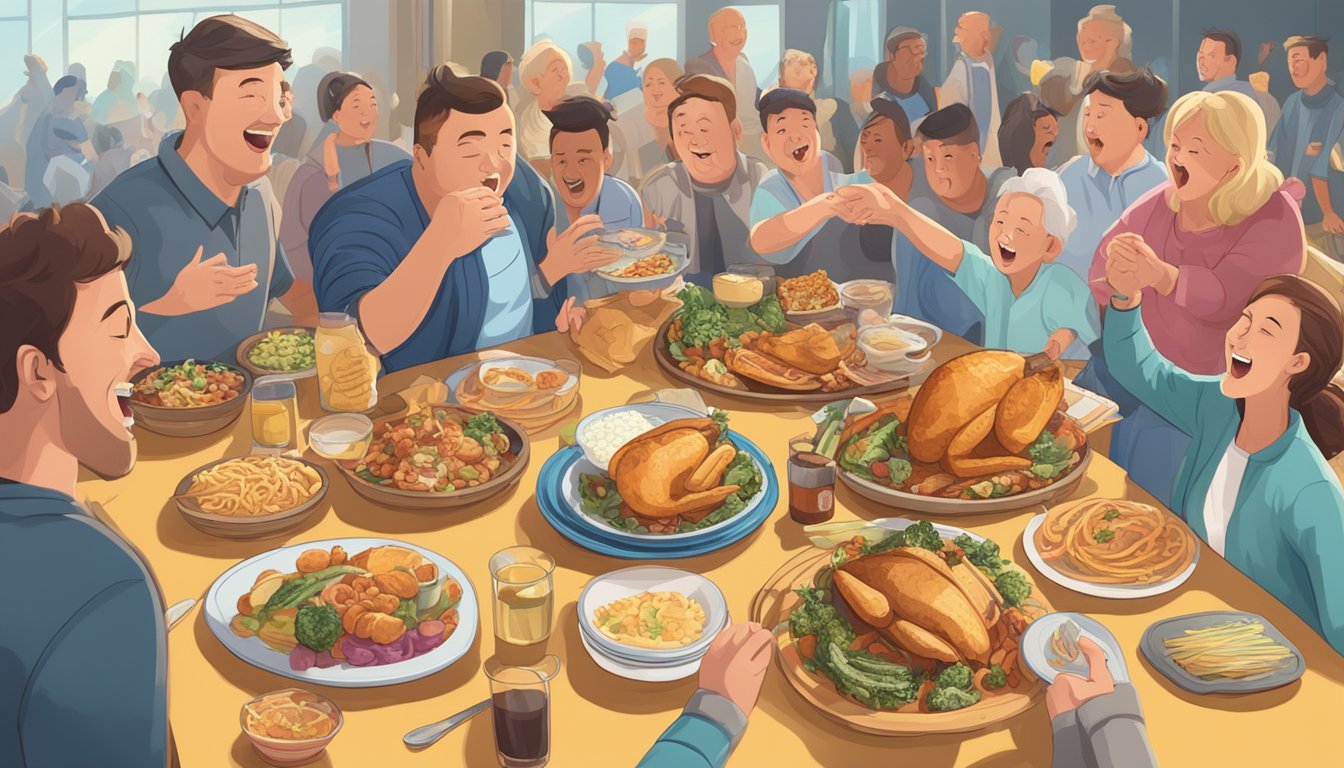 A table filled with oversized plates of food, surrounded by cheering spectators and a timer counting down