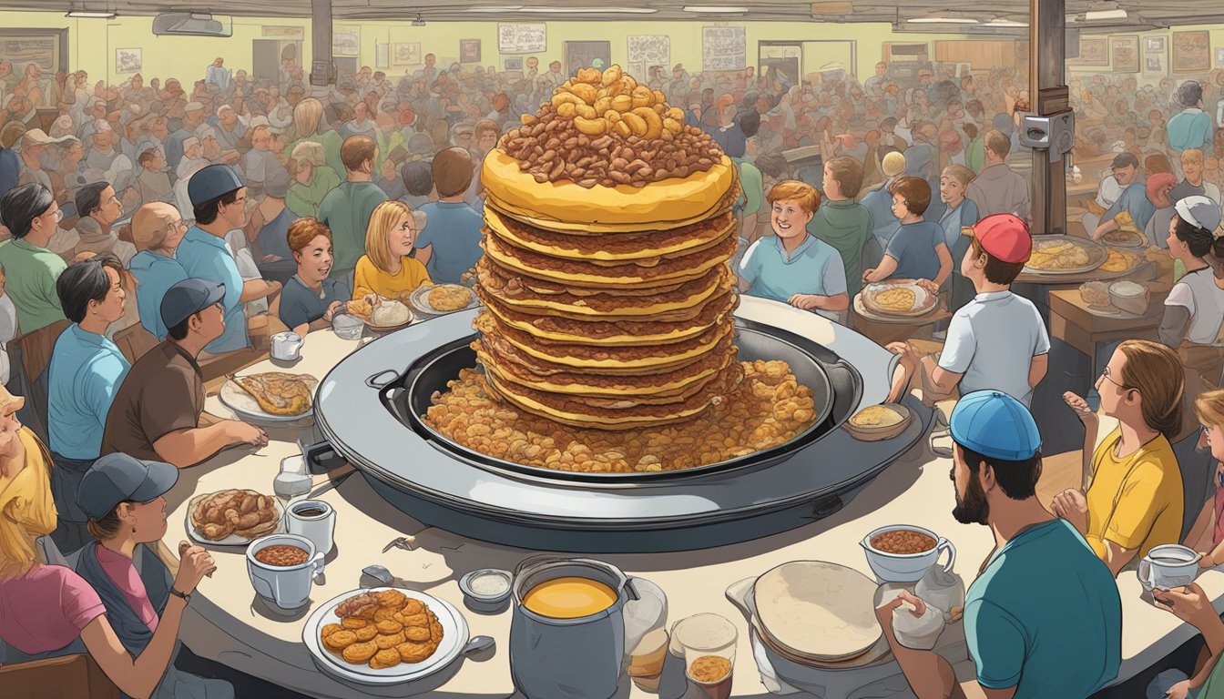 A towering mountain of breakfast food overflows from a massive skillet, surrounded by onlookers at Peg Leg Porker