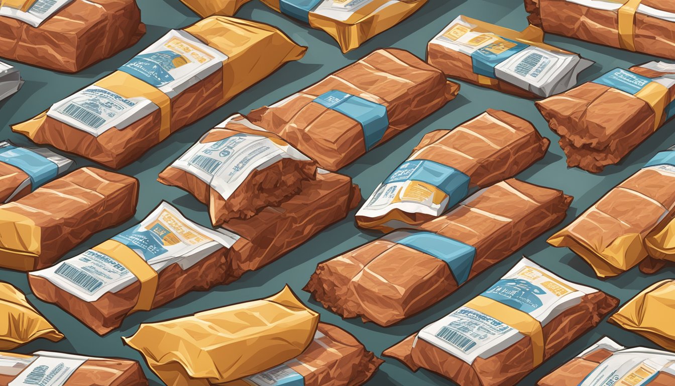 A pile of meat bars stacked on a table, with empty wrappers scattered around