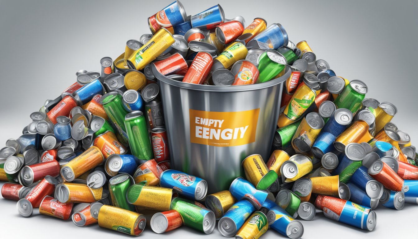 An overflowing trash can filled with empty Amp Energy drink cans, surrounded by warning labels and safety regulations