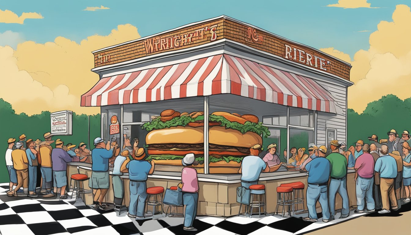 A towering Gravedigger Burger sits on a checkered tablecloth, surrounded by cheering onlookers at Wright's Dairy Rite in Tennessee