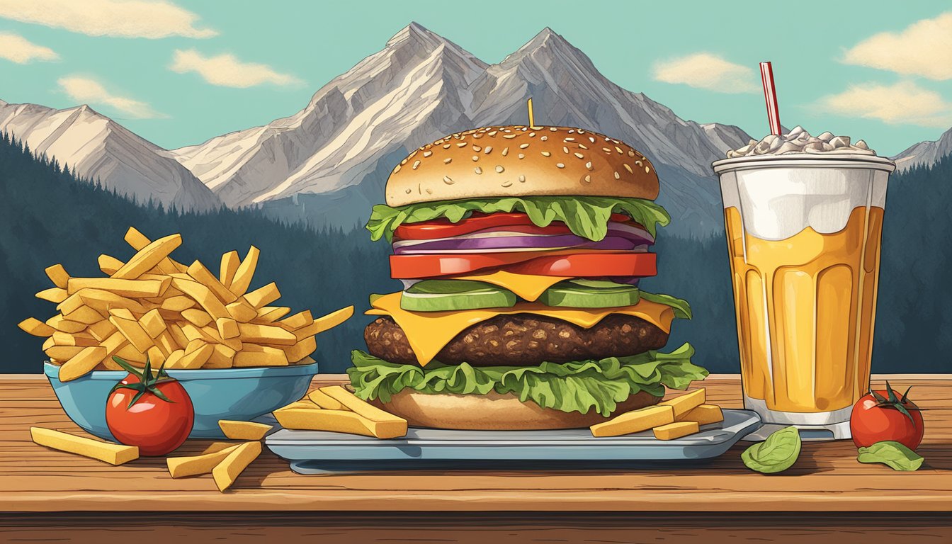 A towering burger with multiple patties, layers of cheese, lettuce, and tomatoes, surrounded by a mountain of fries and a large soda