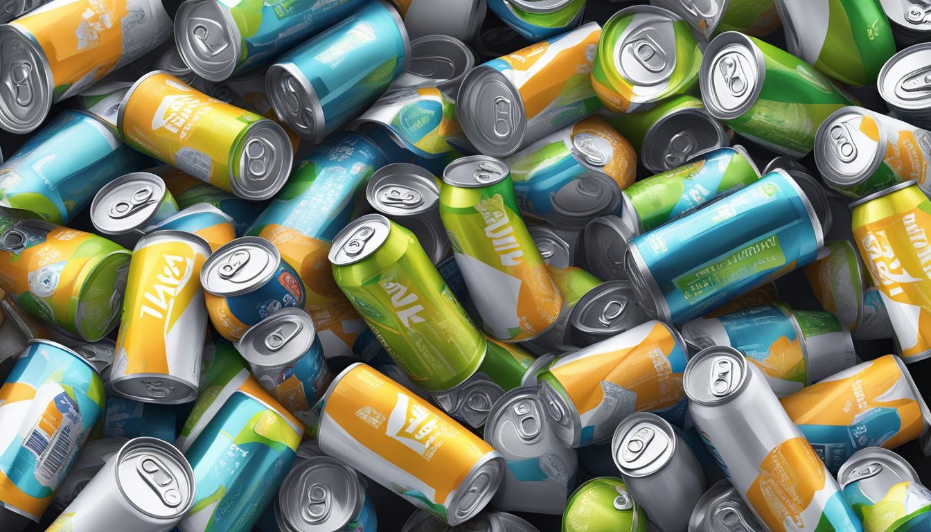 A pile of empty Amp energy drink cans scattered around a desk, with a few still half-full cans nearby