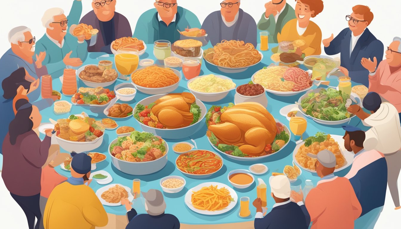 A table filled with enormous food portions, surrounded by cheering spectators and a timer