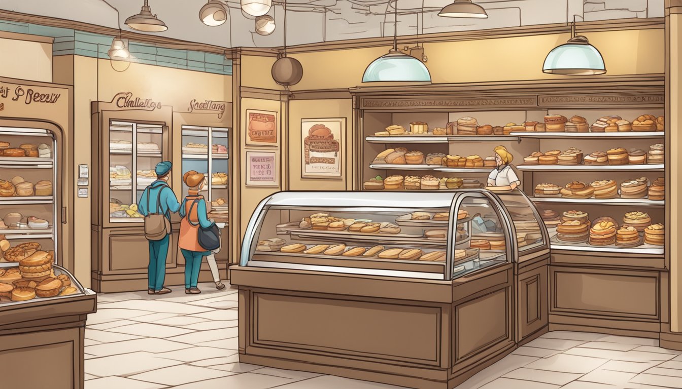 A bustling bakery with a sign advertising the "Heart Attack Special" challenge. Display cases filled with decadent pastries and a line of eager customers