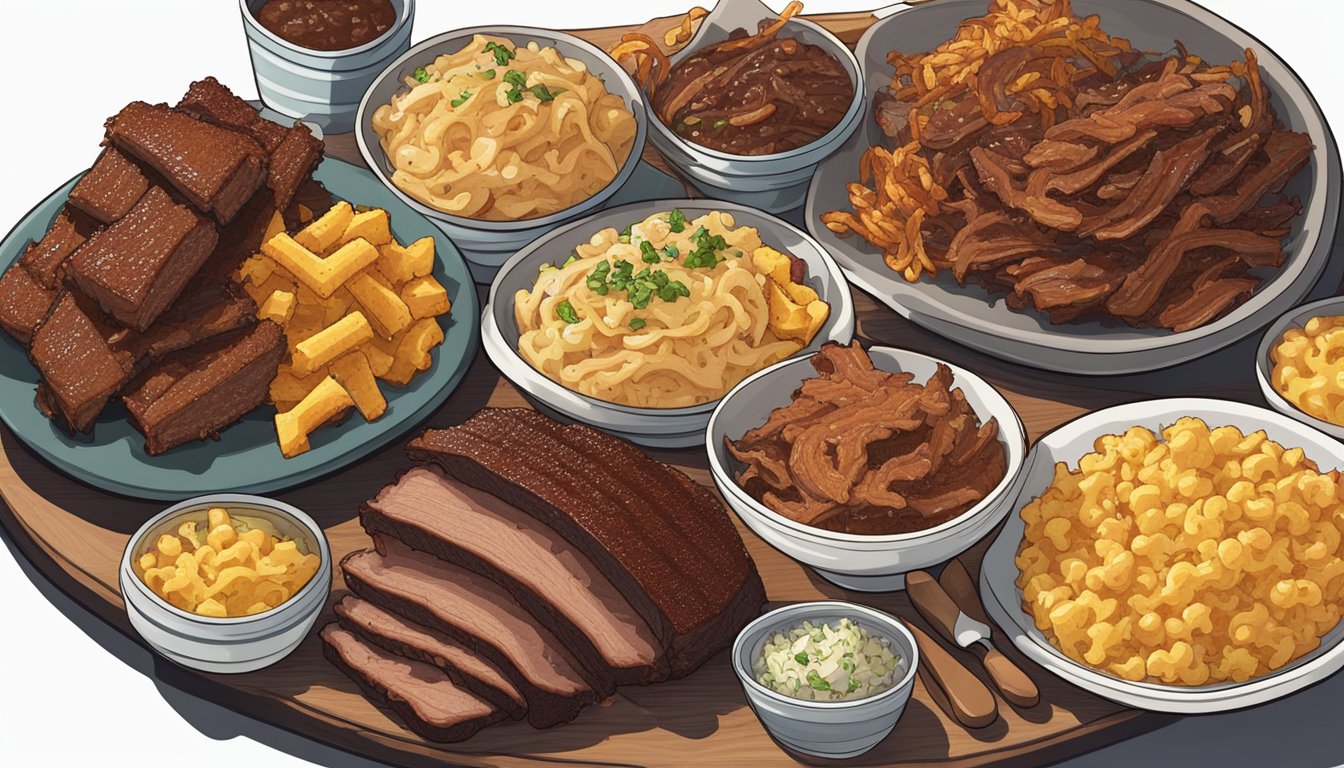 A mountain of barbecue ribs, brisket, and pulled pork piled on a platter with sides of mac and cheese, coleslaw, and cornbread