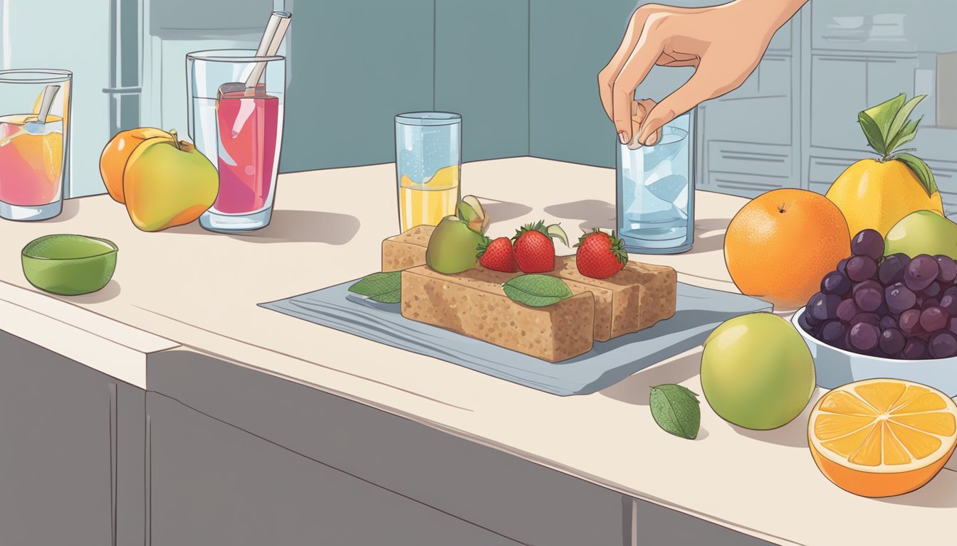 A person's hand reaching for a protein bar on a kitchen counter, with various fruits and a glass of water nearby