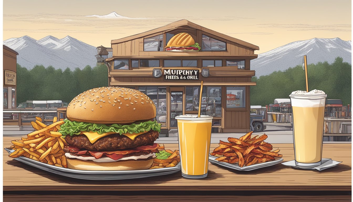 A towering burger, loaded with bacon and cheese, is surrounded by a mountain of crispy fries and a giant milkshake, all on a table at Murphy's Pub & Grill