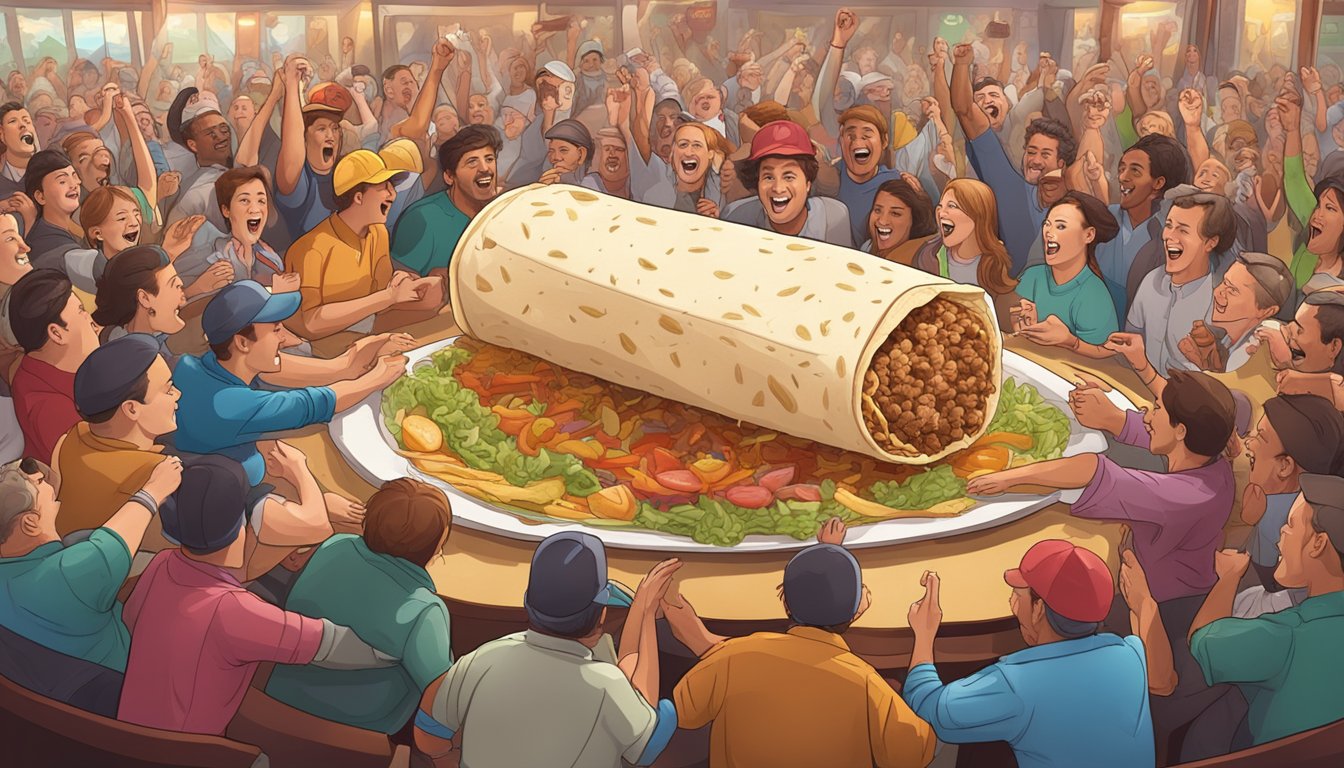 A giant burrito surrounded by cheering spectators in a lively restaurant setting