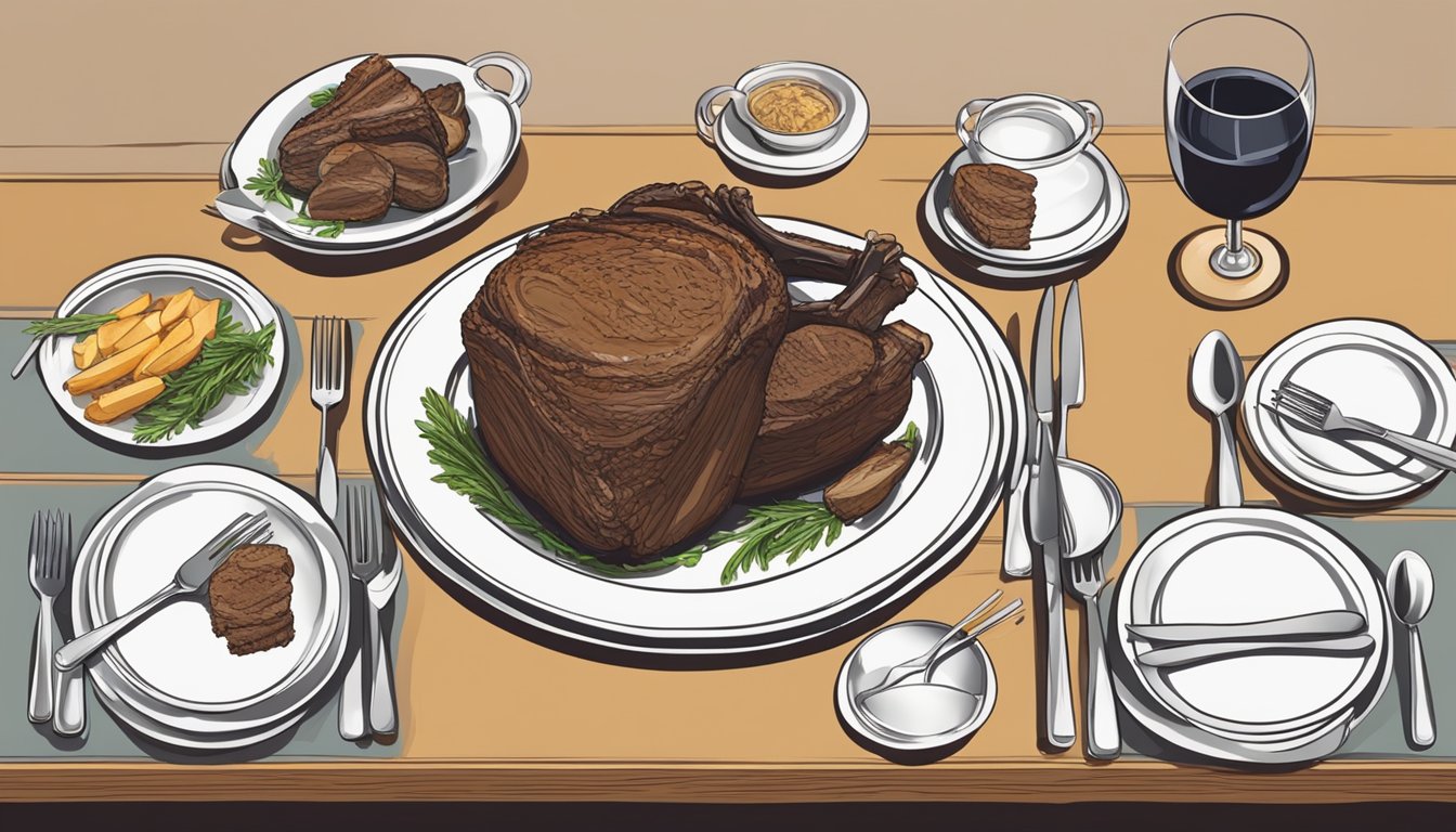 A table set with multiple plates of prime rib, surrounded by empty plates and utensils