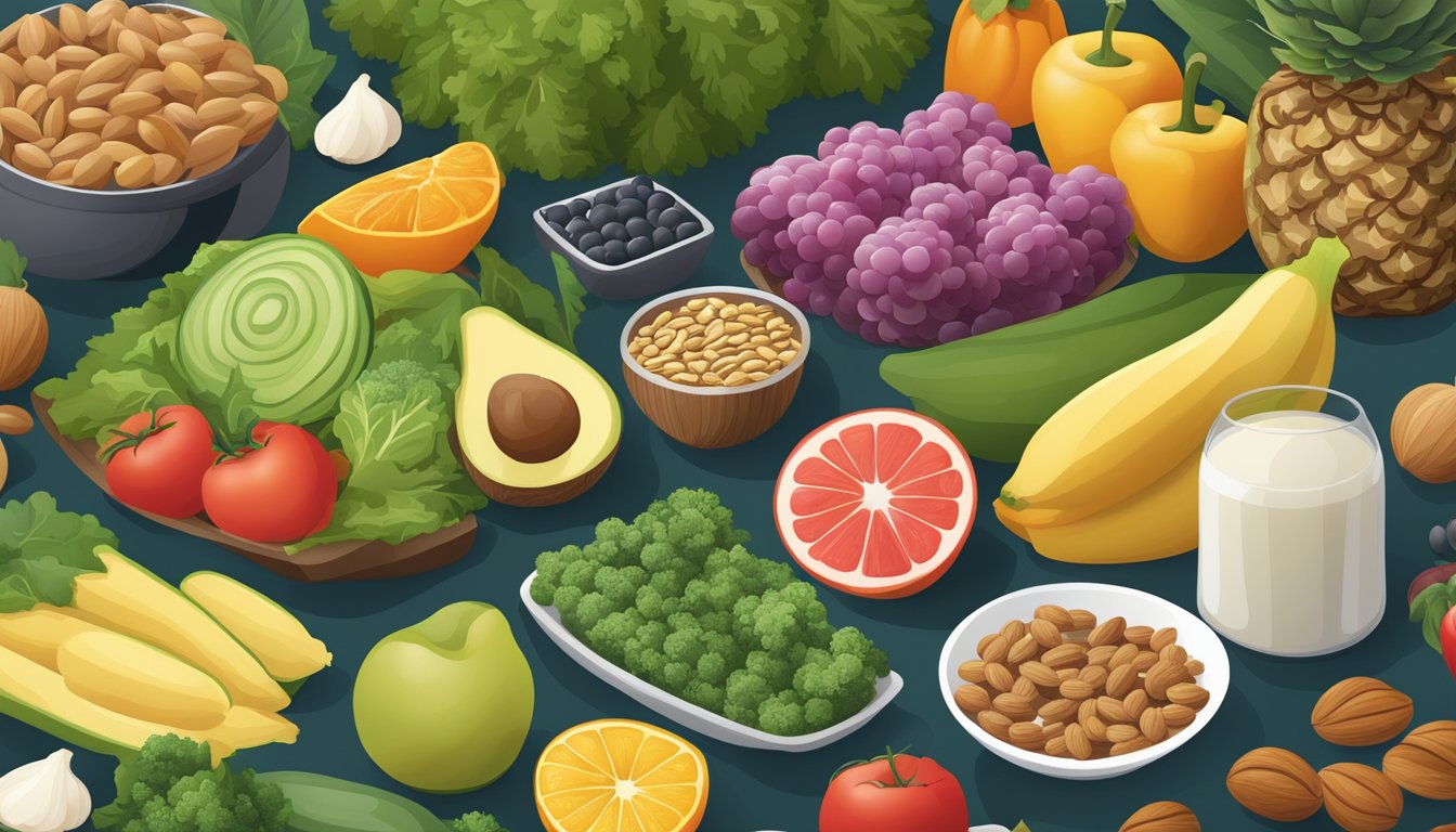 A variety of whole foods, including fruits, vegetables, nuts, and lean proteins, arranged on a table