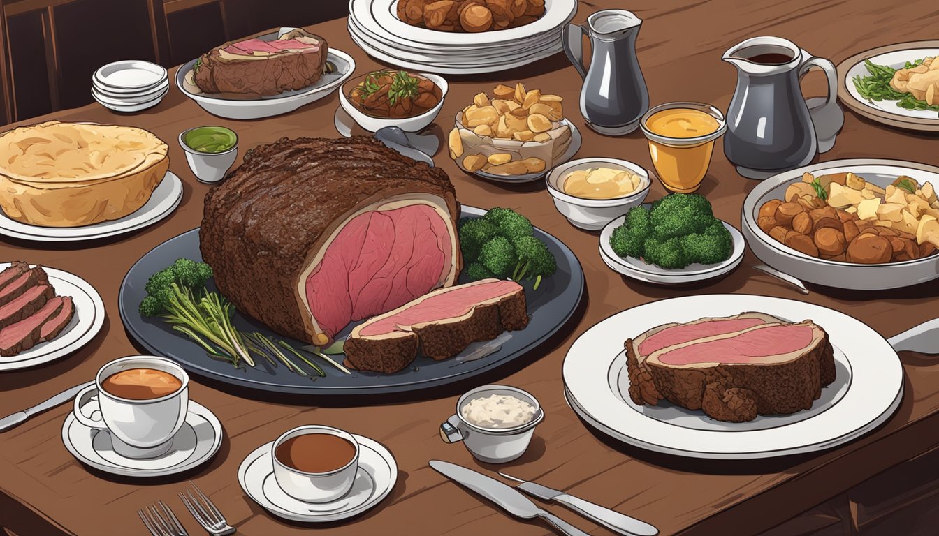 A table set with multiple plates of prime rib, some untouched and others half-eaten, with a large platter of prime rib in the center