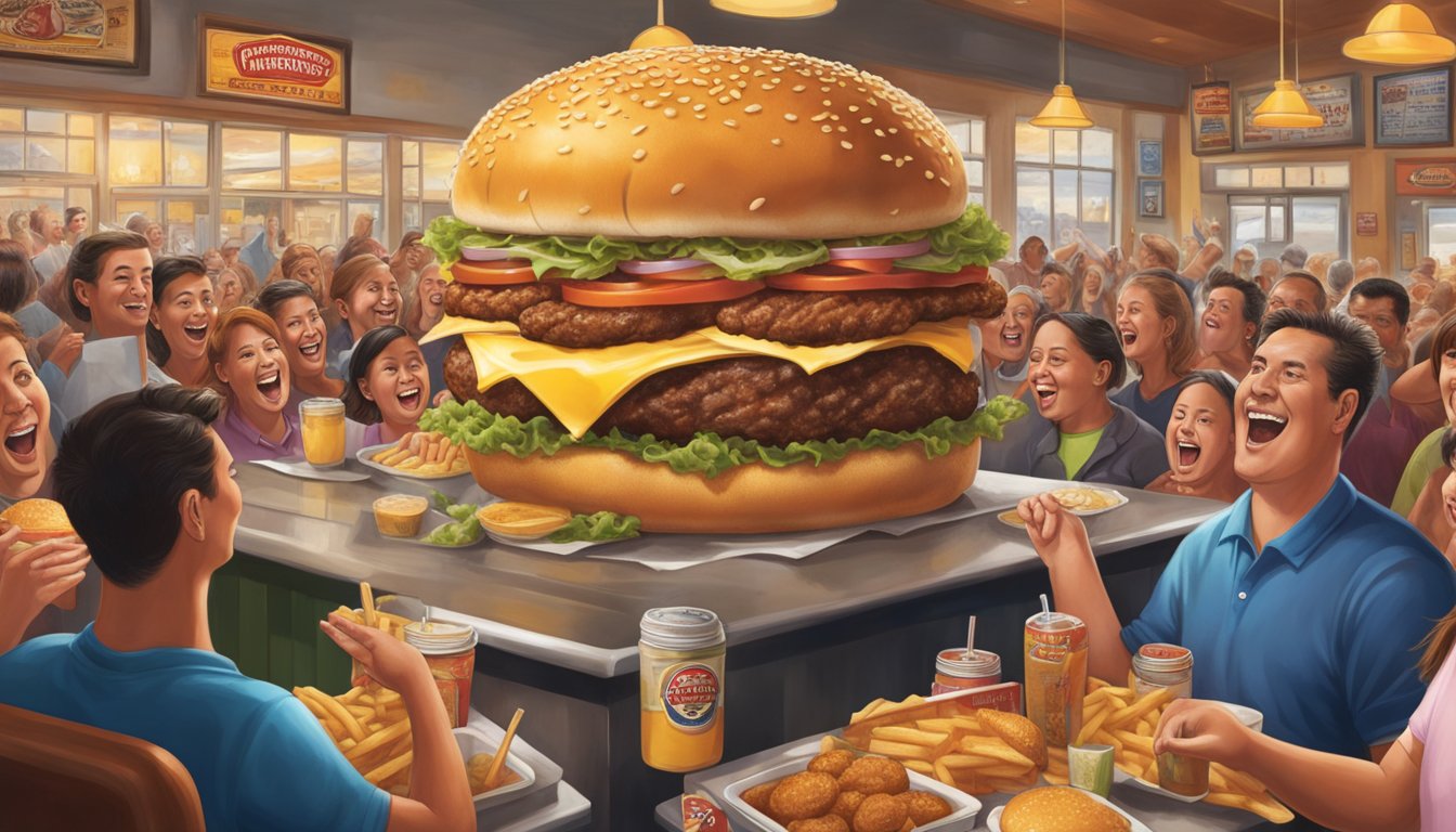 A towering 3-pound burger surrounded by cheering onlookers in a bustling Fuddruckers restaurant