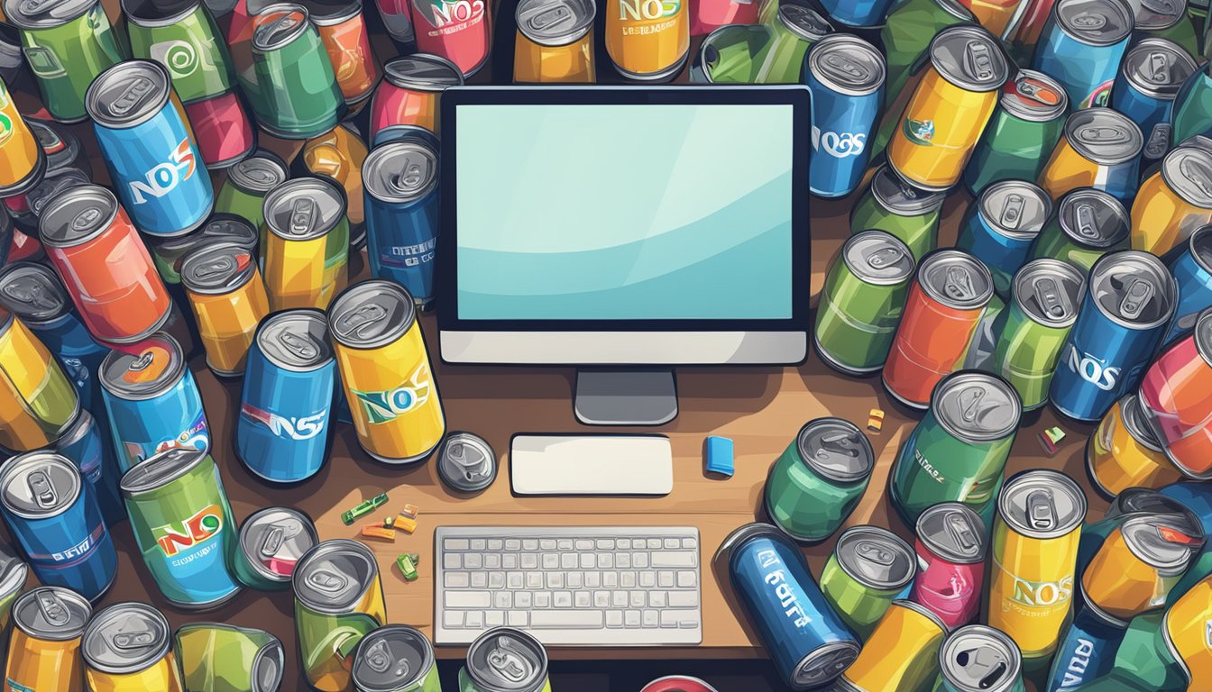 A cluttered desk with multiple open cans of NOS energy drink, surrounded by empty cans and a sense of excess consumption