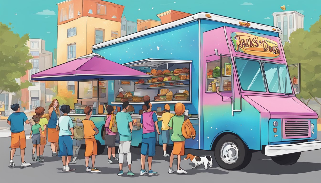 A colorful food truck surrounded by eager customers, with a large sign advertising "Jack's Cosmic Dogs Galaxy Challenge" in South Carolina