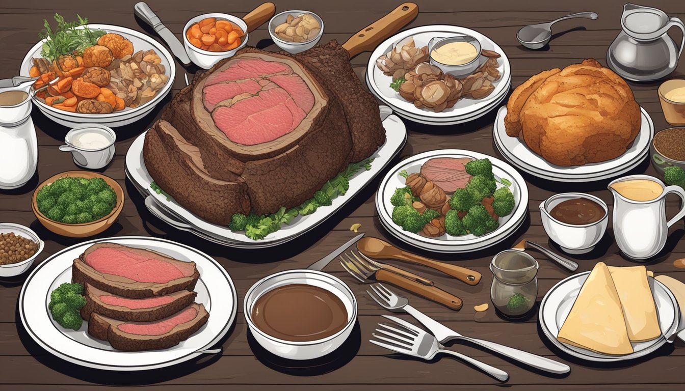 A table set with multiple plates of prime rib, surrounded by various cooking utensils and ingredients