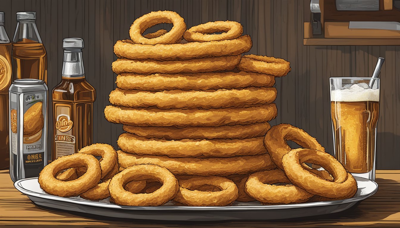 A towering stack of golden, crispy onion rings at Oggie’s Sports Bar & Emporium, part of South Dakota's food challenges