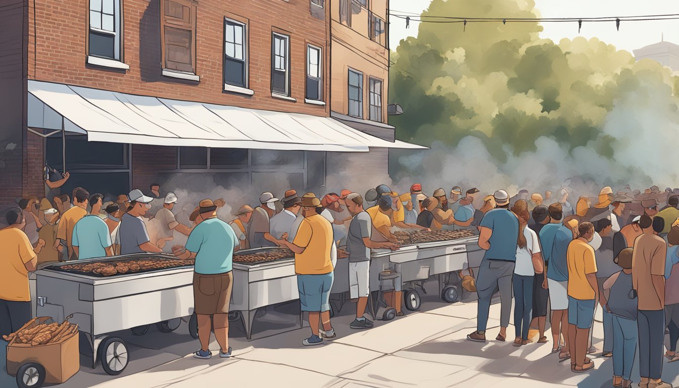 A crowded outdoor BBQ event with people lined up to take on the Holy City Hog Down Challenge. Smoke and delicious smells fill the air