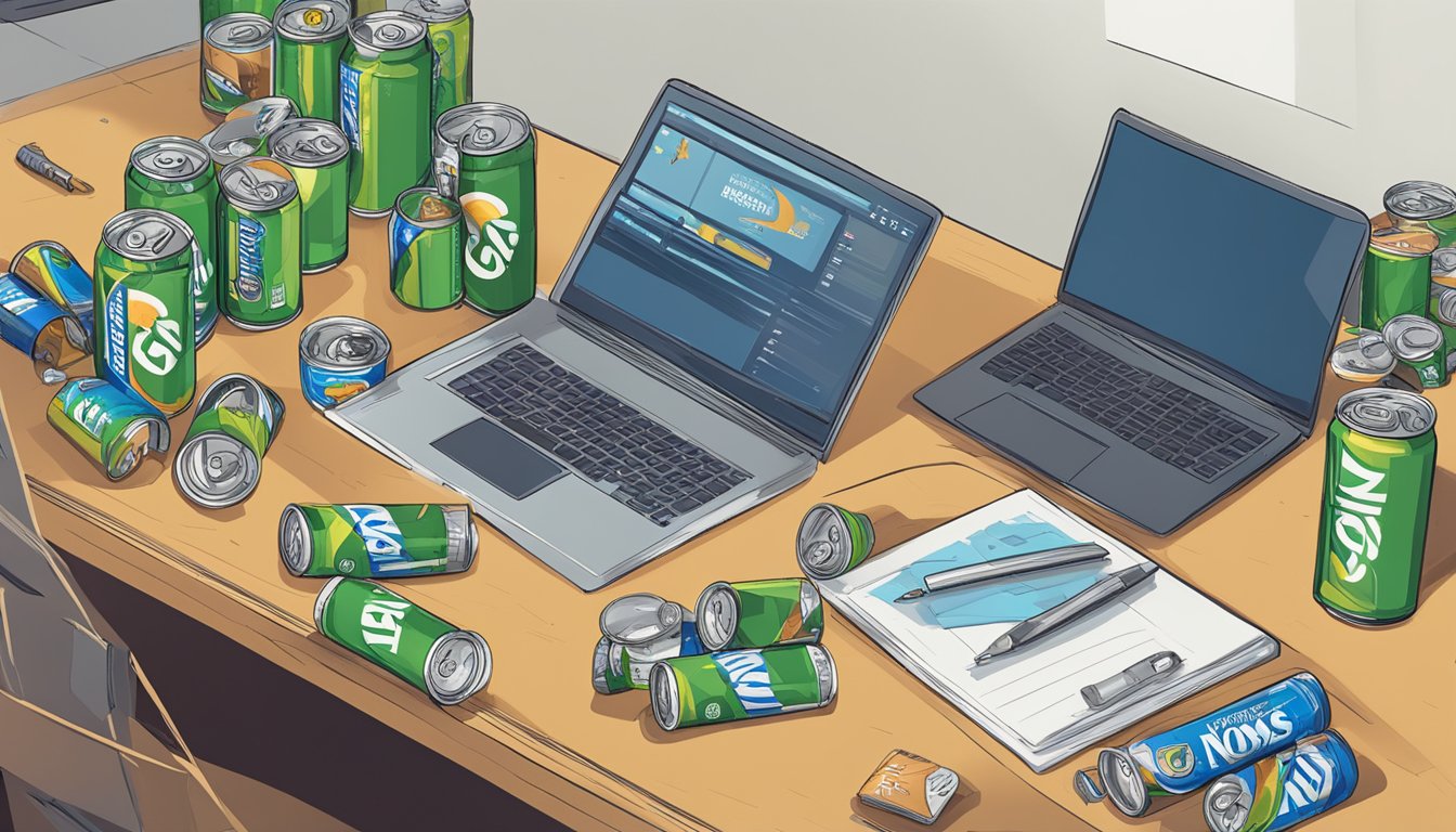 A cluttered desk with multiple empty NOS Energy Drink cans scattered around, a laptop open to a search for "how many cans of NOS Energy Drink per day is too much."