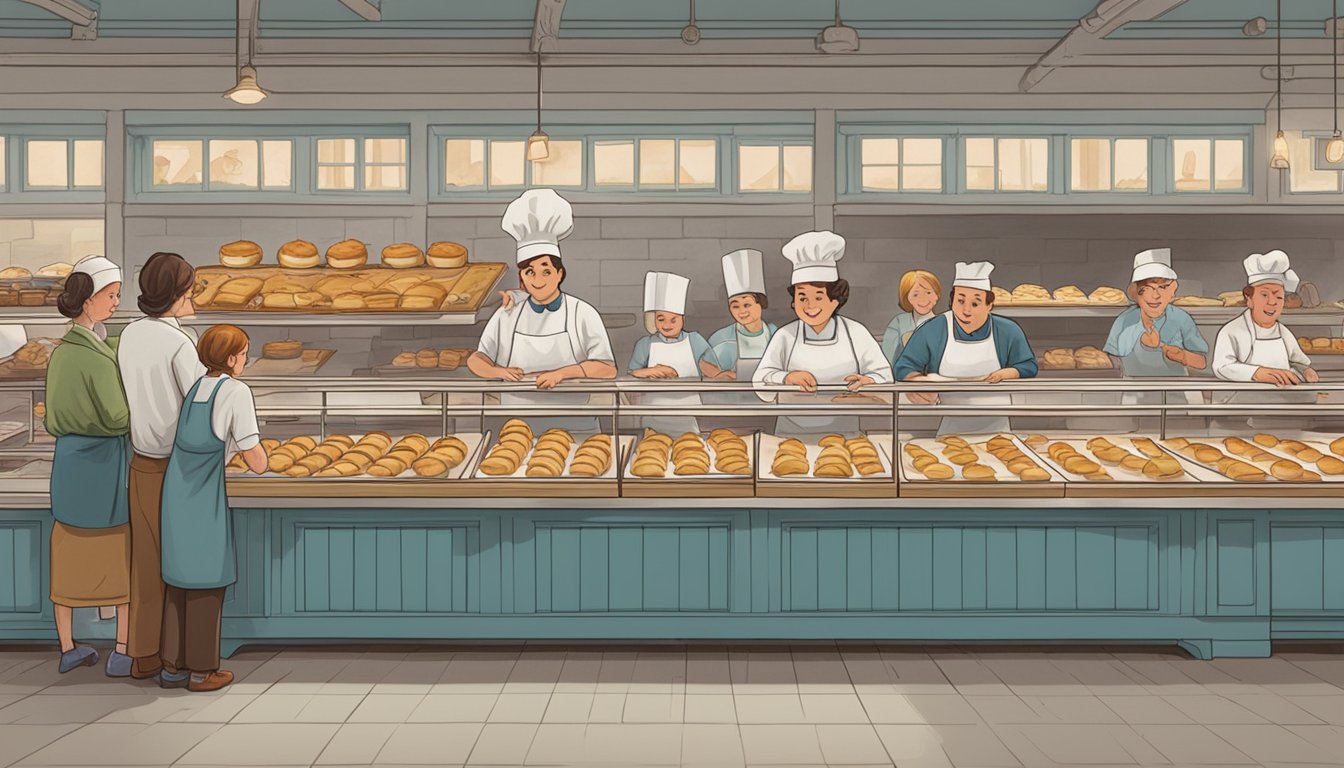 A bustling bakery scene with a row of tables lined with trays of kolaches. Contestants eagerly devour the pastries as onlookers cheer them on