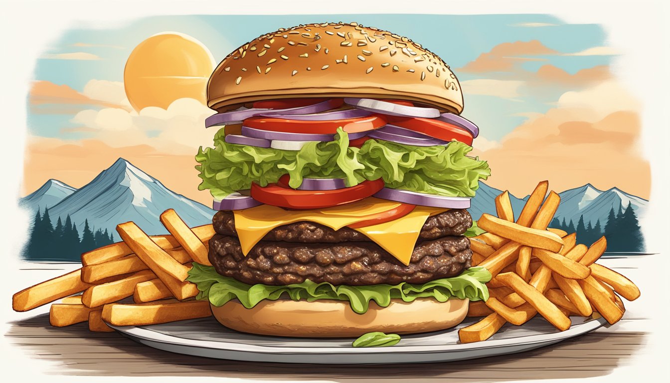 A towering burger with multiple patties, layers of cheese, lettuce, and tomatoes, topped with a mountain of crispy fries and onion rings