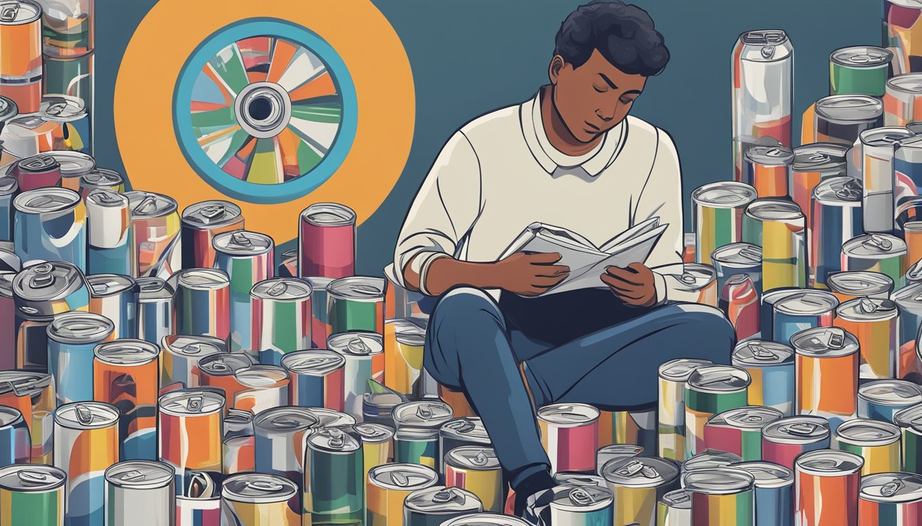 A person surrounded by empty NOS energy drink cans, with a concerned expression and a pile of research papers on health risks and benefits