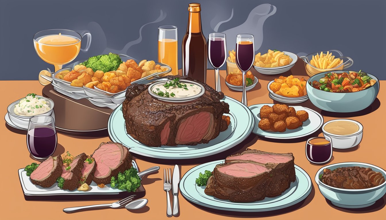 A table set with multiple plates of prime rib, surrounded by various side dishes and drinks